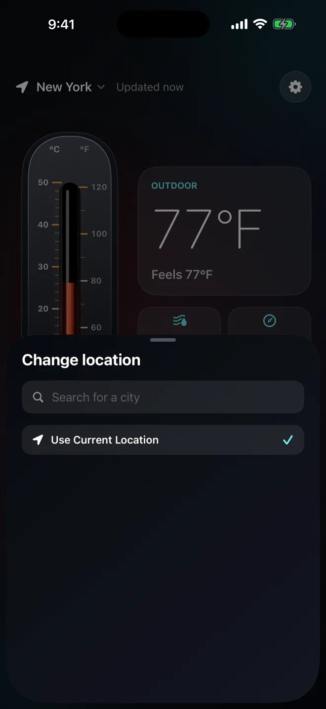 The city search screen of Thermometer with a list of matching places.