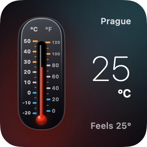 The small Thermometer widget: a full-height analog thermometer beside 25°C and a feels-like reading for Prague.